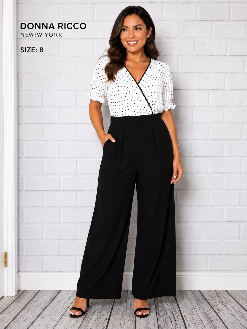 Donna Ricco New York Polka Dot Wide Leg Jumpsuit Size 8 Black & White